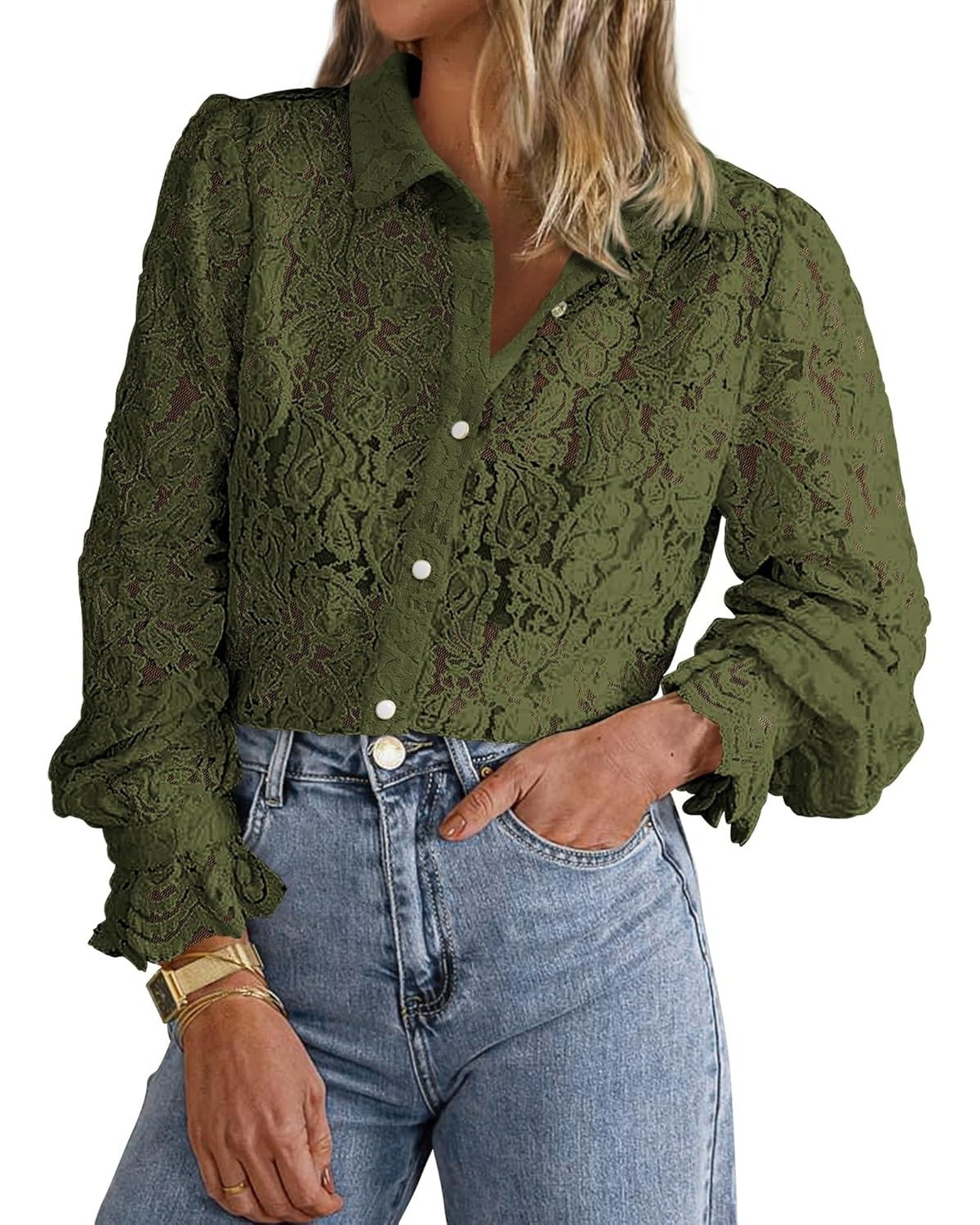 Women's Casual Dressy Lace Button Down Long Sleeve Shirts