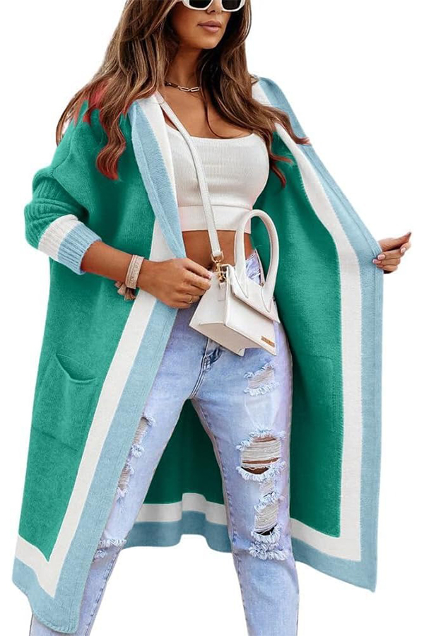 HOT SALE Women's Color Block Striped Open Front Hooded Long Cardigan