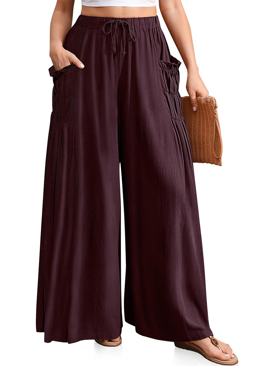 Women's Linen Pleated Drawstring Casual Palazzo Pants