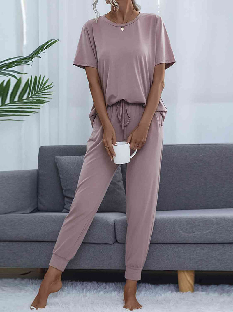Women's Round Neck Short Sleeve Top and Pants Set