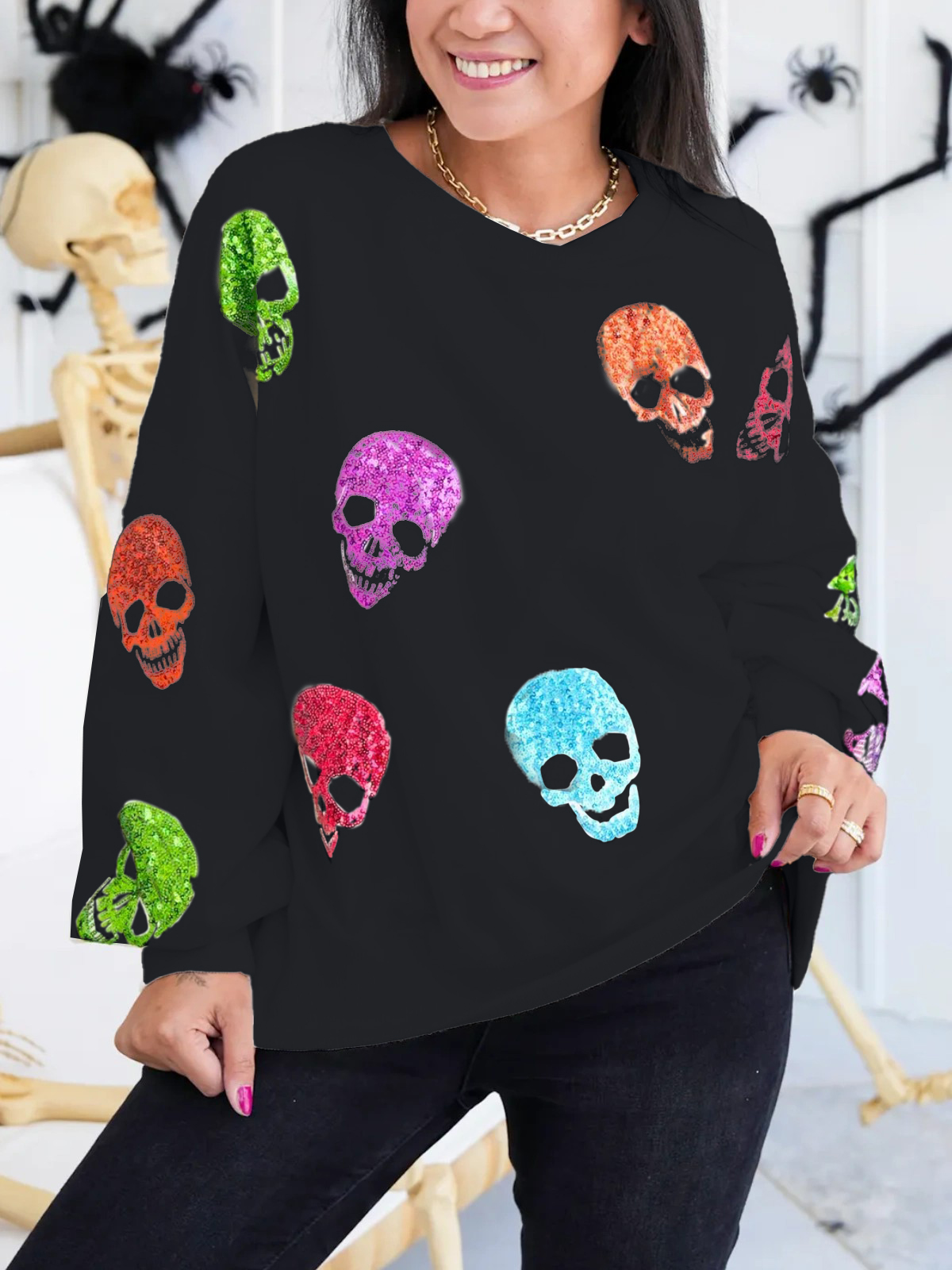 Multi Colored Sequin Skulls Sweatshirt (Buy 2 Free Shipping)