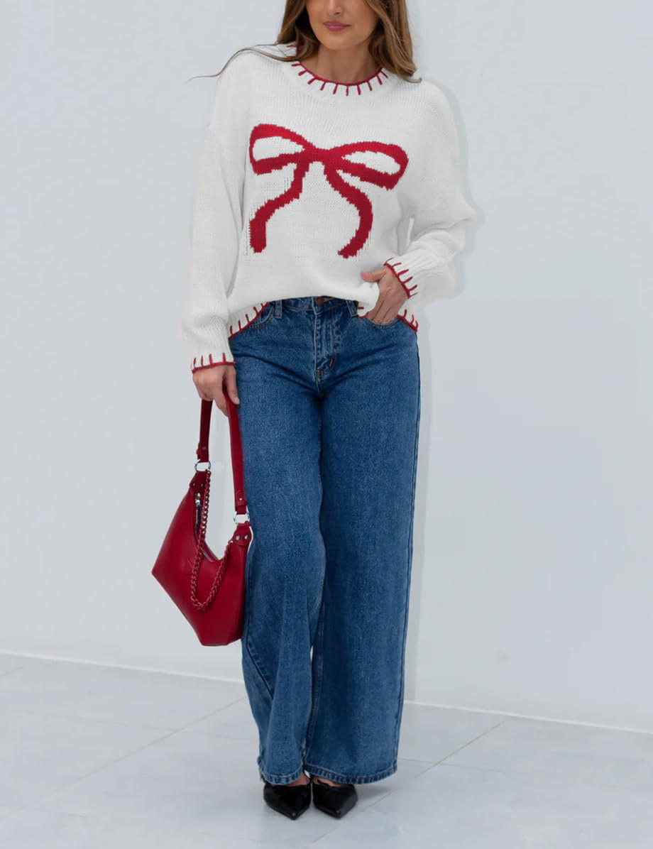 Bow Crew Neck Knitted Sweater Pullover (Buy 2 Free Shipping)