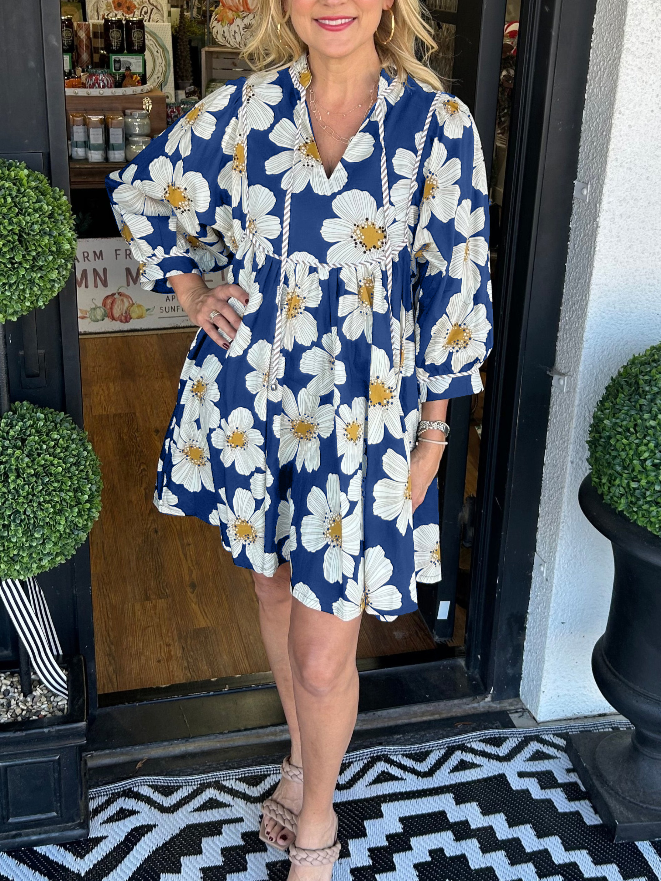 Women's 3/4 Sleeve Floral Mini Dress With Pockets (Buy 2 Free Shipping)