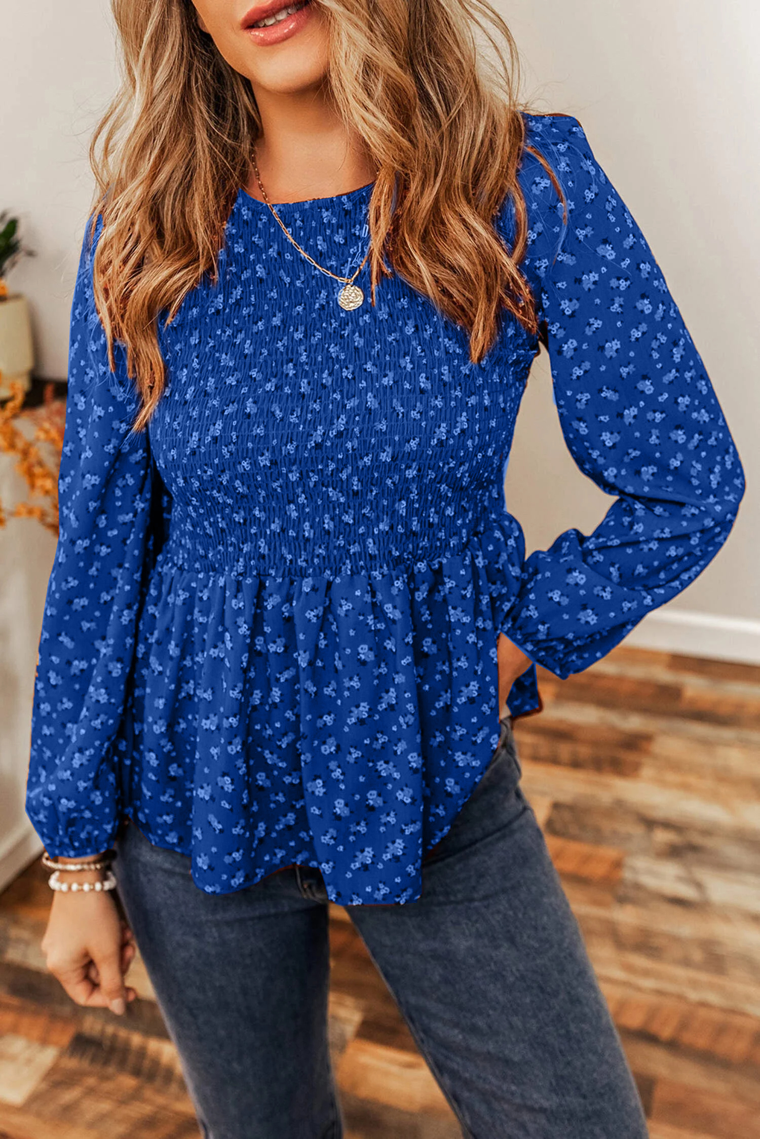 Ditsy Floral Print Boho Smocked Ruffled Peplum Blouse(Buy 2 Free Shipping)