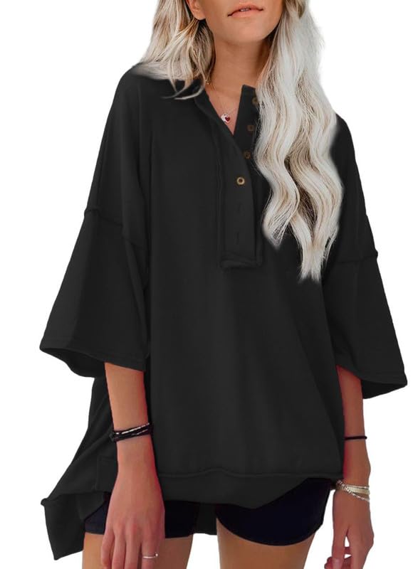 NEW🔥 Women's  Oversized T Shirts Casual Short Sleeve Henley Neck Tees(BUY 2 FREE SHIPPING)