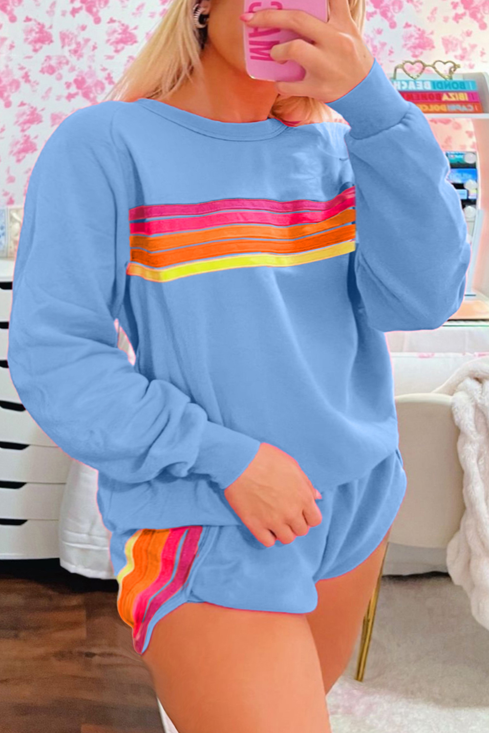 Women's Striped Oversized Sweatshirt Shorts Two-Piece Set