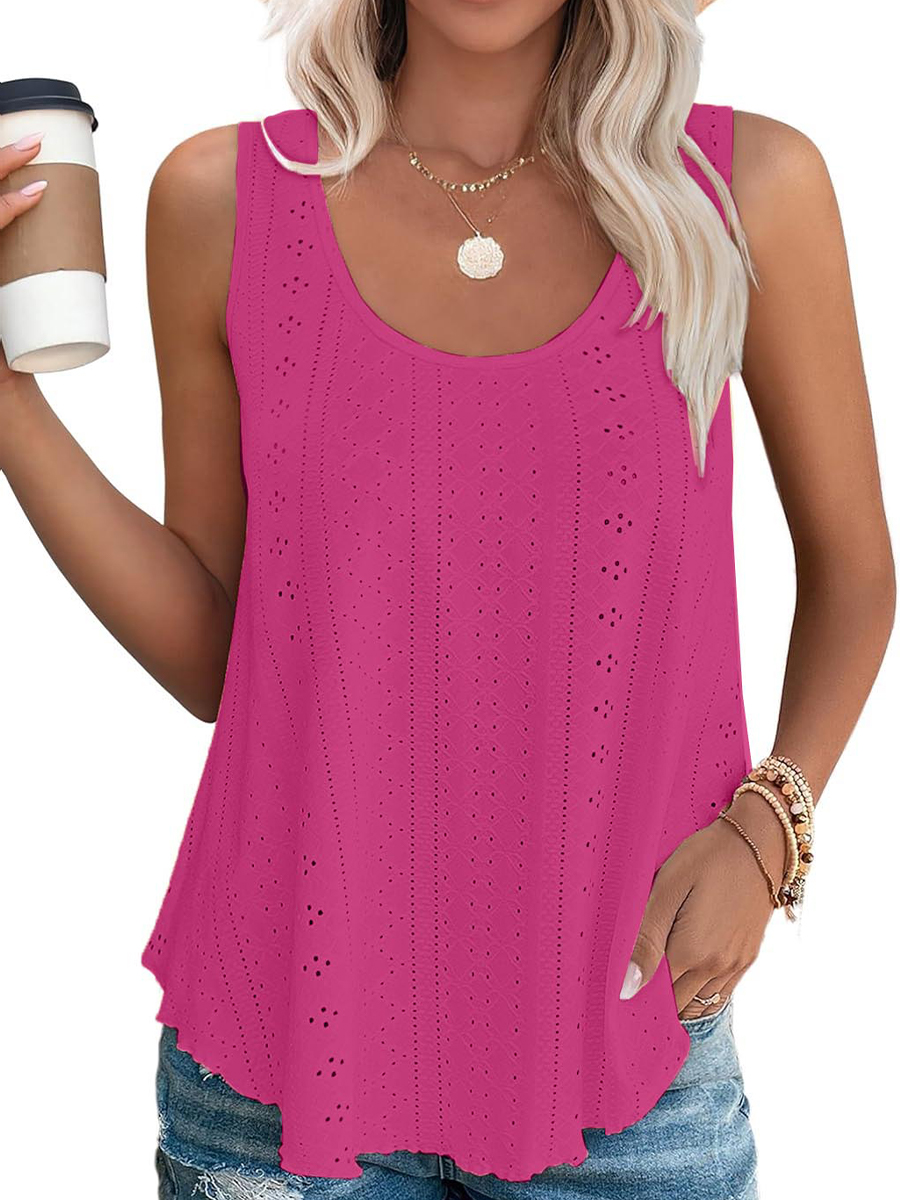 Women's Casual Loose Scoop Neck Wide Strap Eyelet Tank Tops
