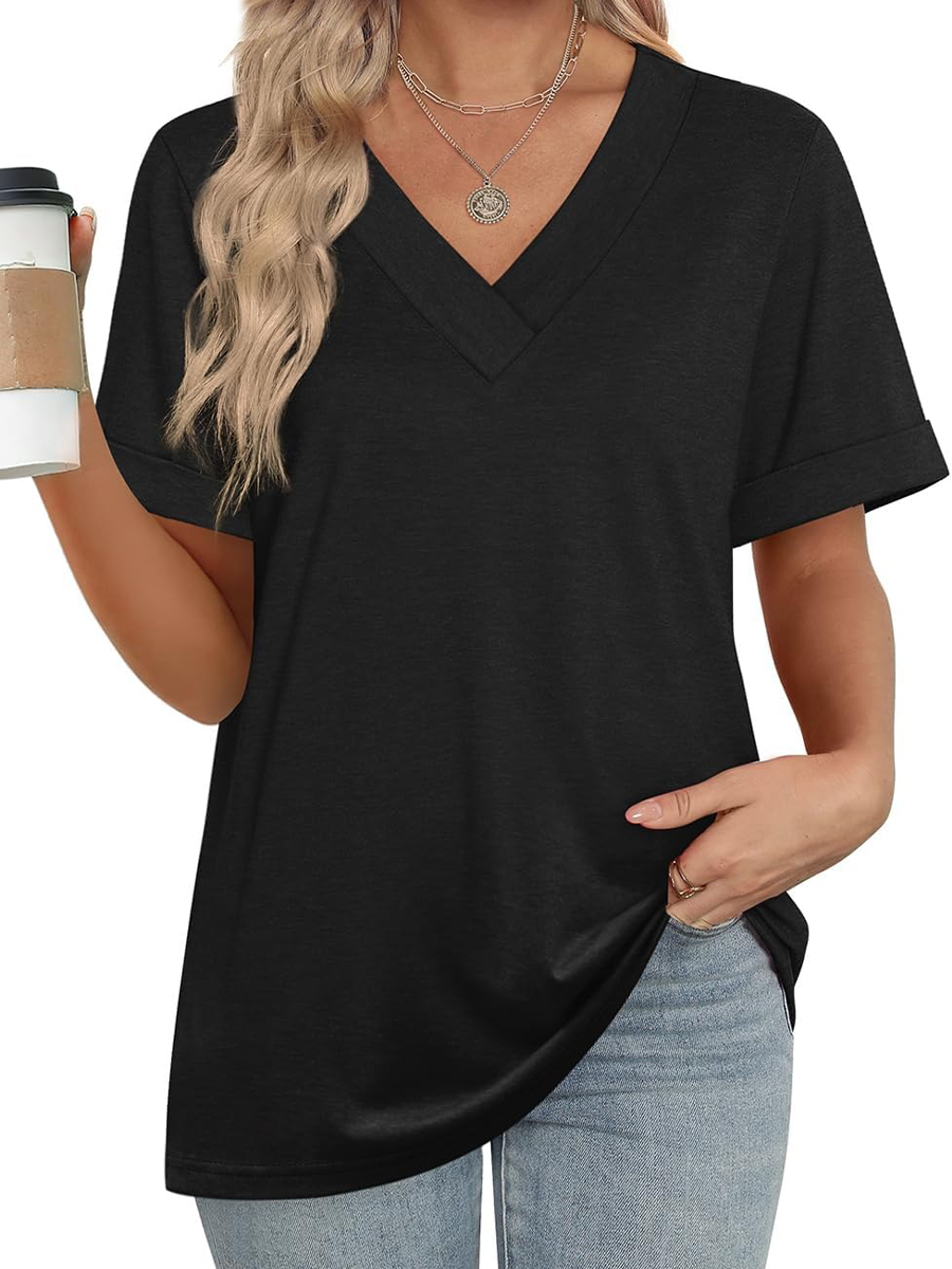 Women's Summer V Neck Short Sleeve Basic Casual T-shirt