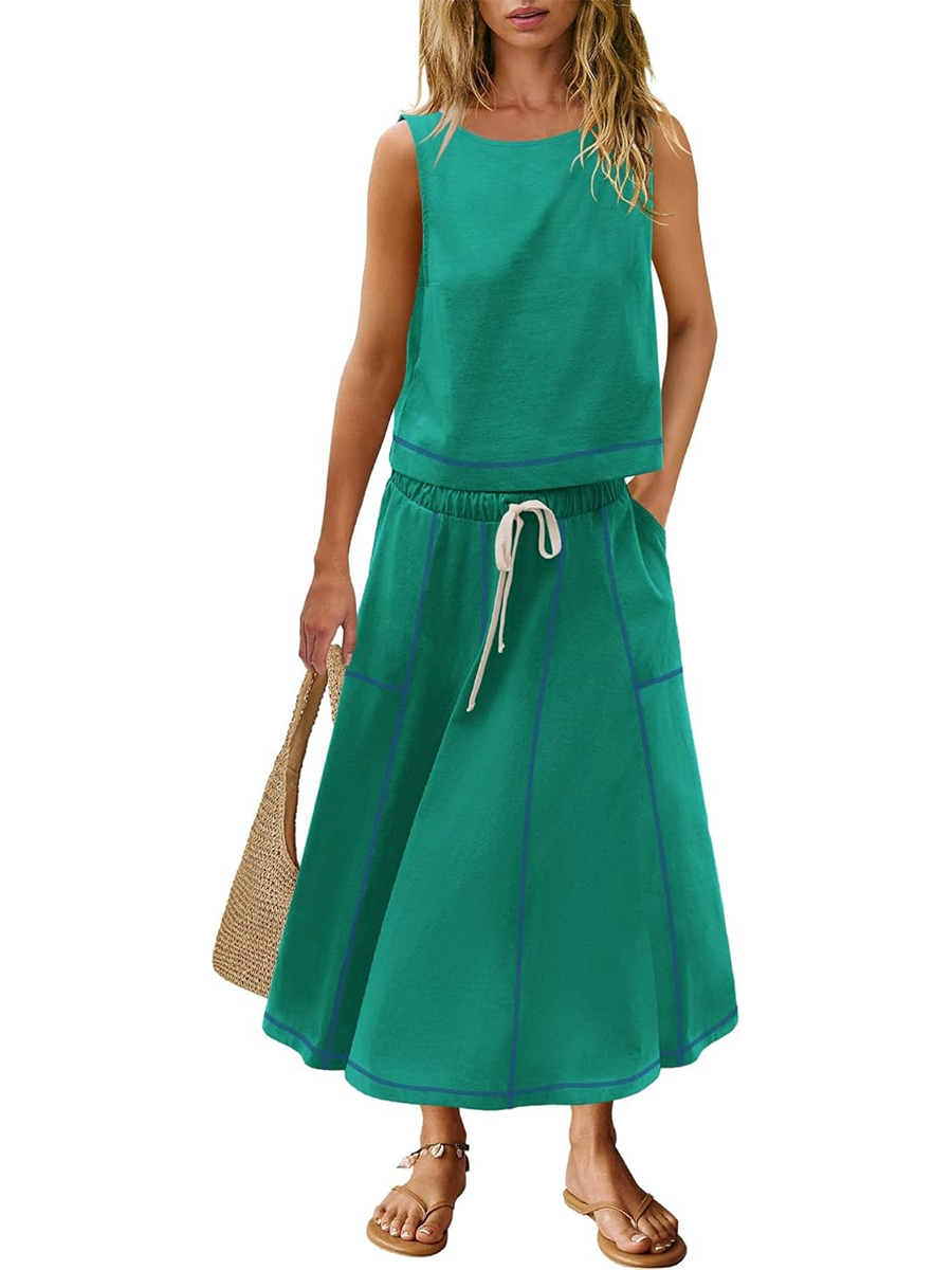 Women's Casual Seam Tank Top and Drawsting Pockets Skirt 2 Piece Set