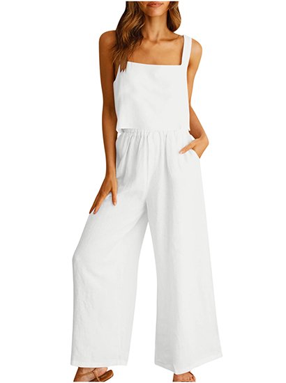 Women's Square Neck Linen Tank Crop Top Wide Leg Pants