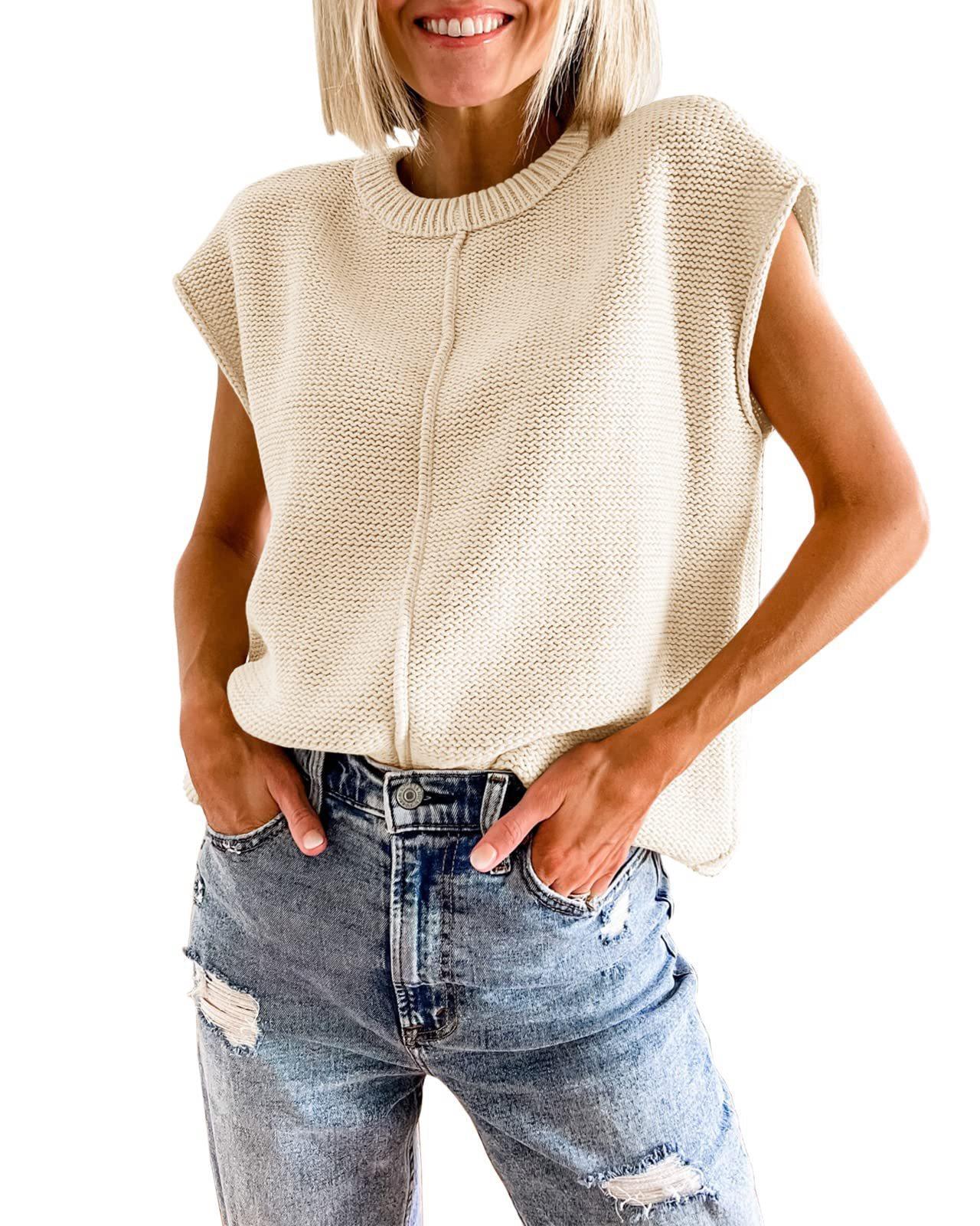 Women's Crew Neck Cap Sleeve Knitted Lightweight Mid Seam Top