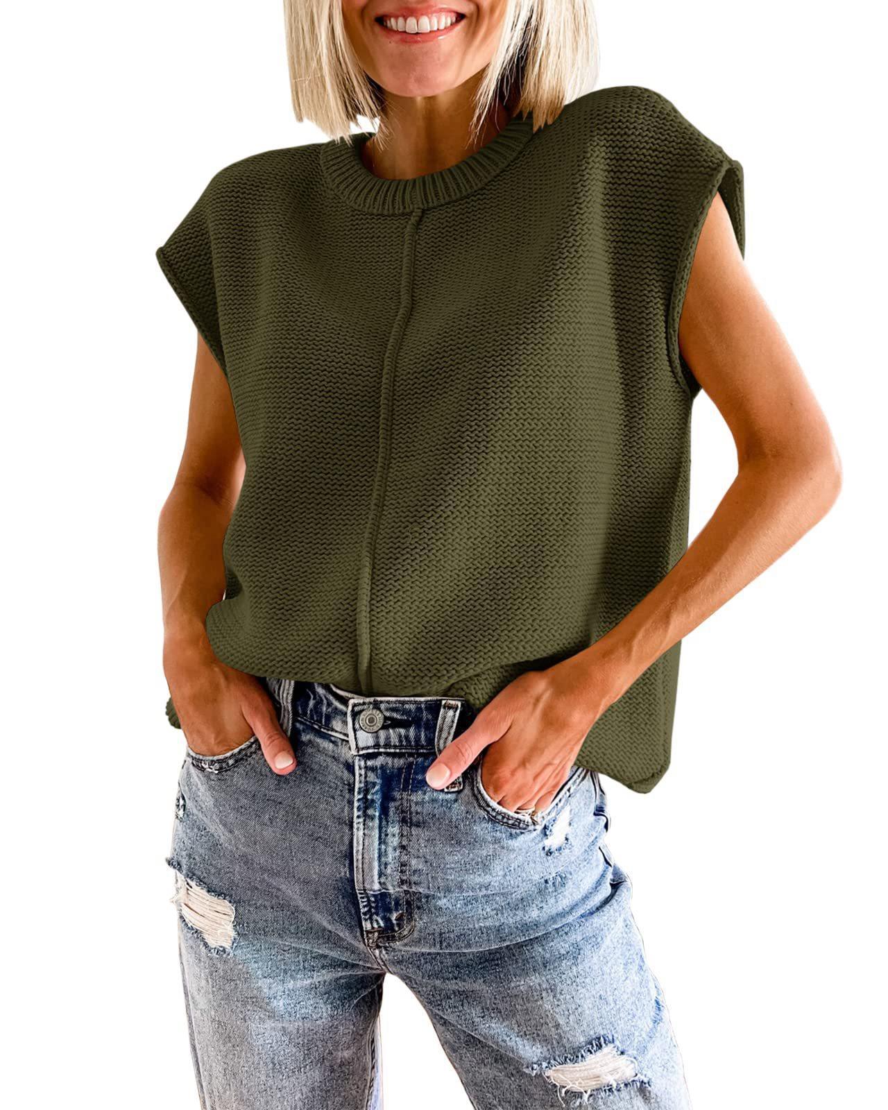 Women's Crew Neck Cap Sleeve Knitted Lightweight Mid Seam Top