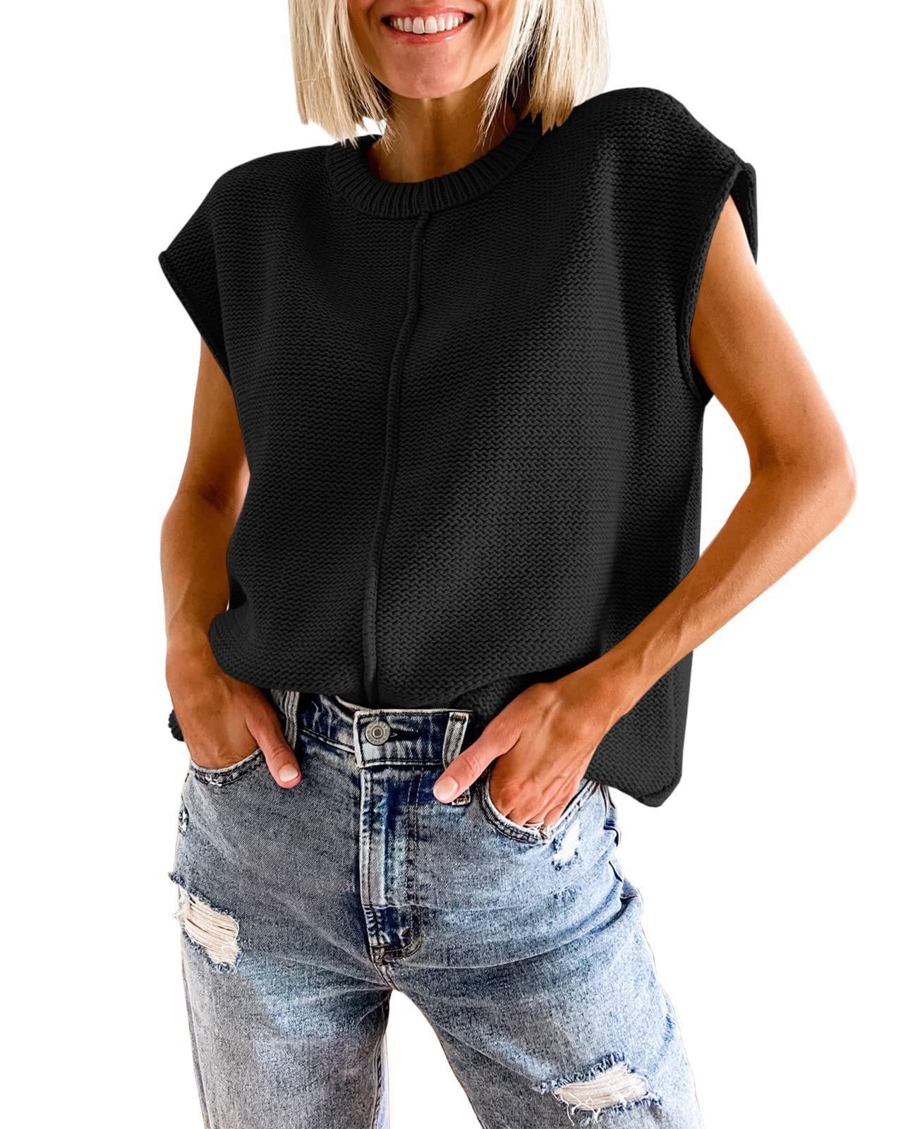 Women's Crew Neck Cap Sleeve Knitted Lightweight Mid Seam Top