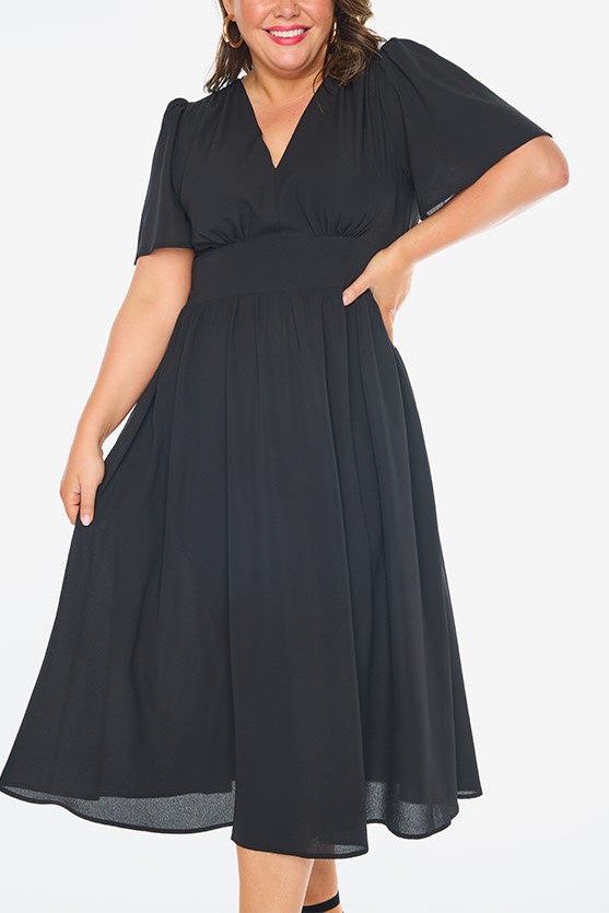 V Neck High Waist Smocked Dress