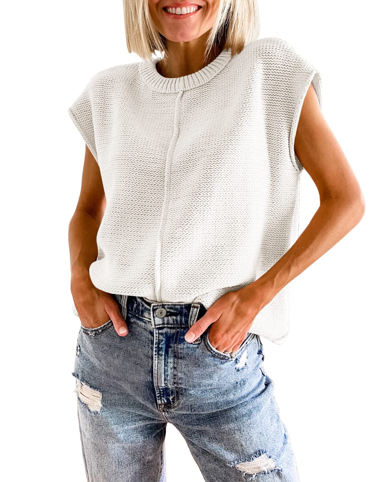 Women's Crew Neck Cap Sleeve Knitted Lightweight Mid Seam Top