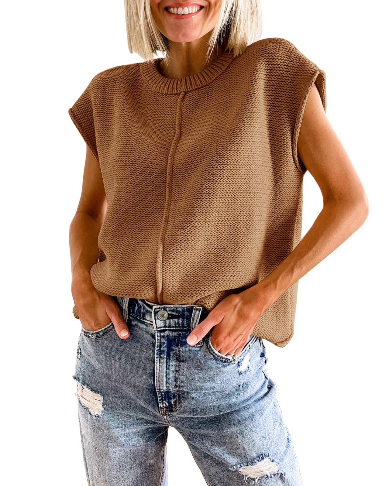 Women's Crew Neck Cap Sleeve Knitted Lightweight Mid Seam Top