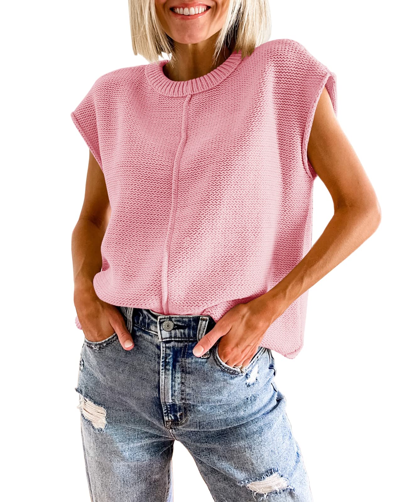 Women's Crew Neck Cap Sleeve Knitted Lightweight Mid Seam Top