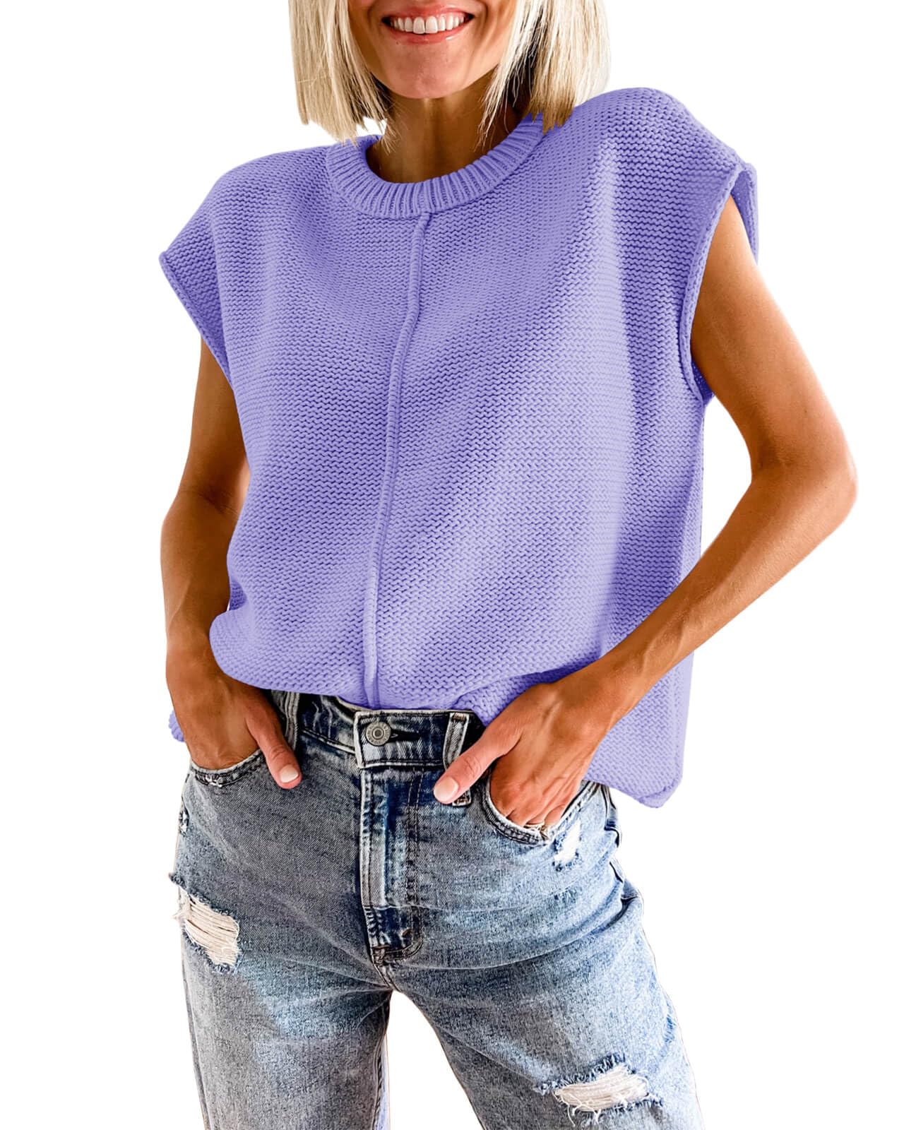 Women's Crew Neck Cap Sleeve Knitted Lightweight Mid Seam Top