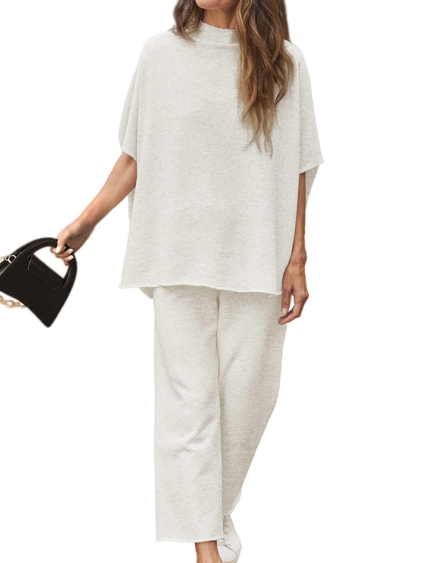 HOT SALE Women's 2 Piece Outfits 3/4 Batwing Sleeve Pullover Top Wide Leg Pants Lounge Set