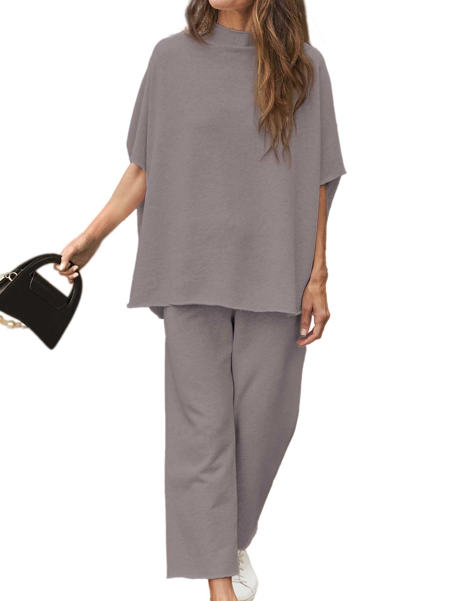 HOT SALE Women's 2 Piece Outfits 3/4 Batwing Sleeve Pullover Top Wide Leg Pants Lounge Set