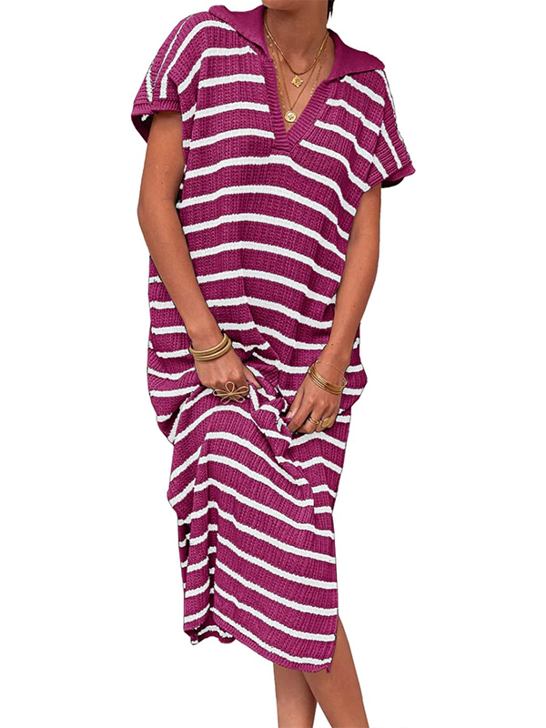 Women's V-neck Striped Slit Knitted Dress Casual Maxi Dress(BUY 2 FREE SHIPPNG)