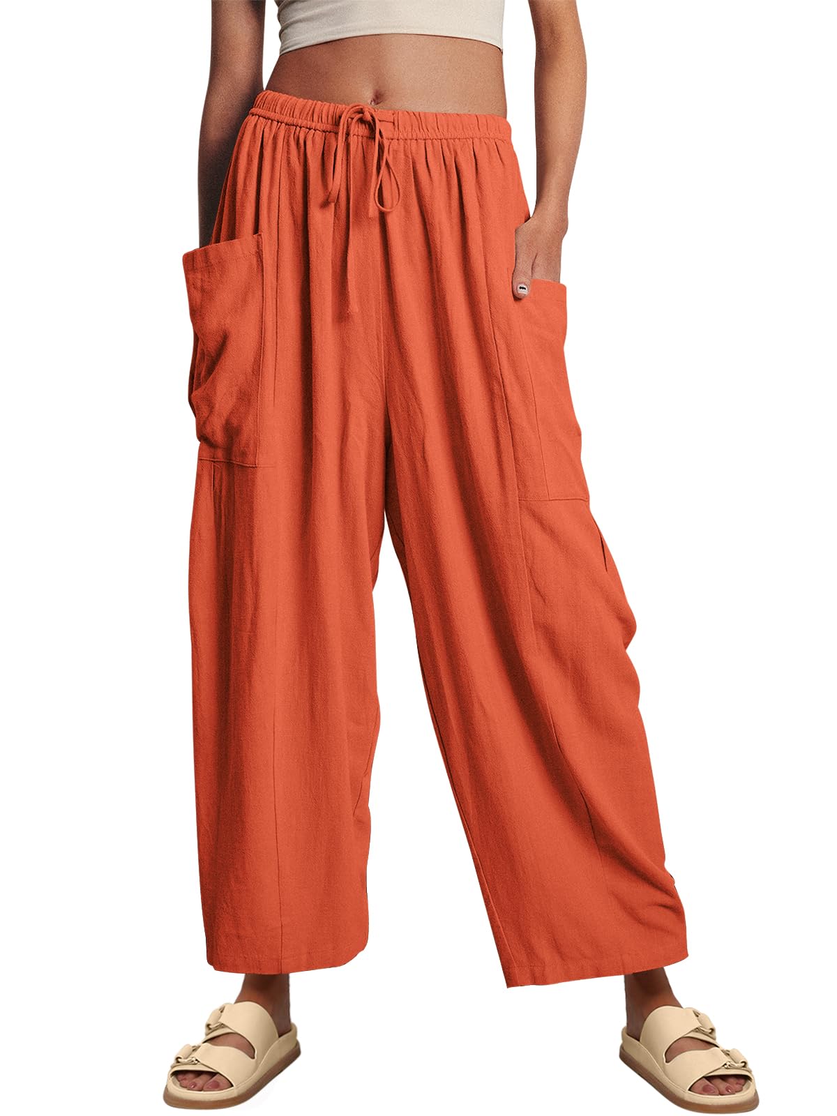 Womens Linen Drawstring Palazzo Harem Pants with Pockets (BUY 2 FREE SHIPPING)