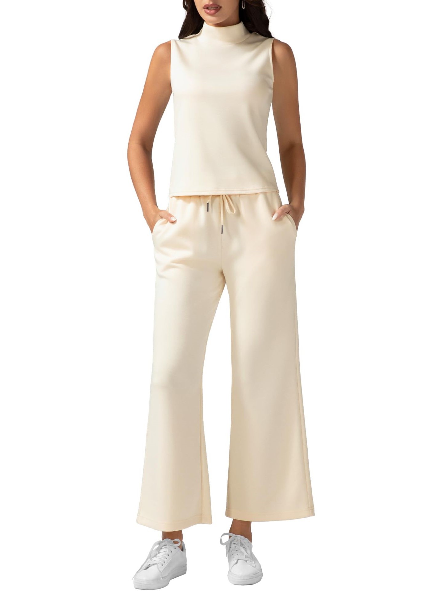 Women's Mock Neck Sleeveless Tank Top & Wide Leg Pants 2 Piece Lounge Sets