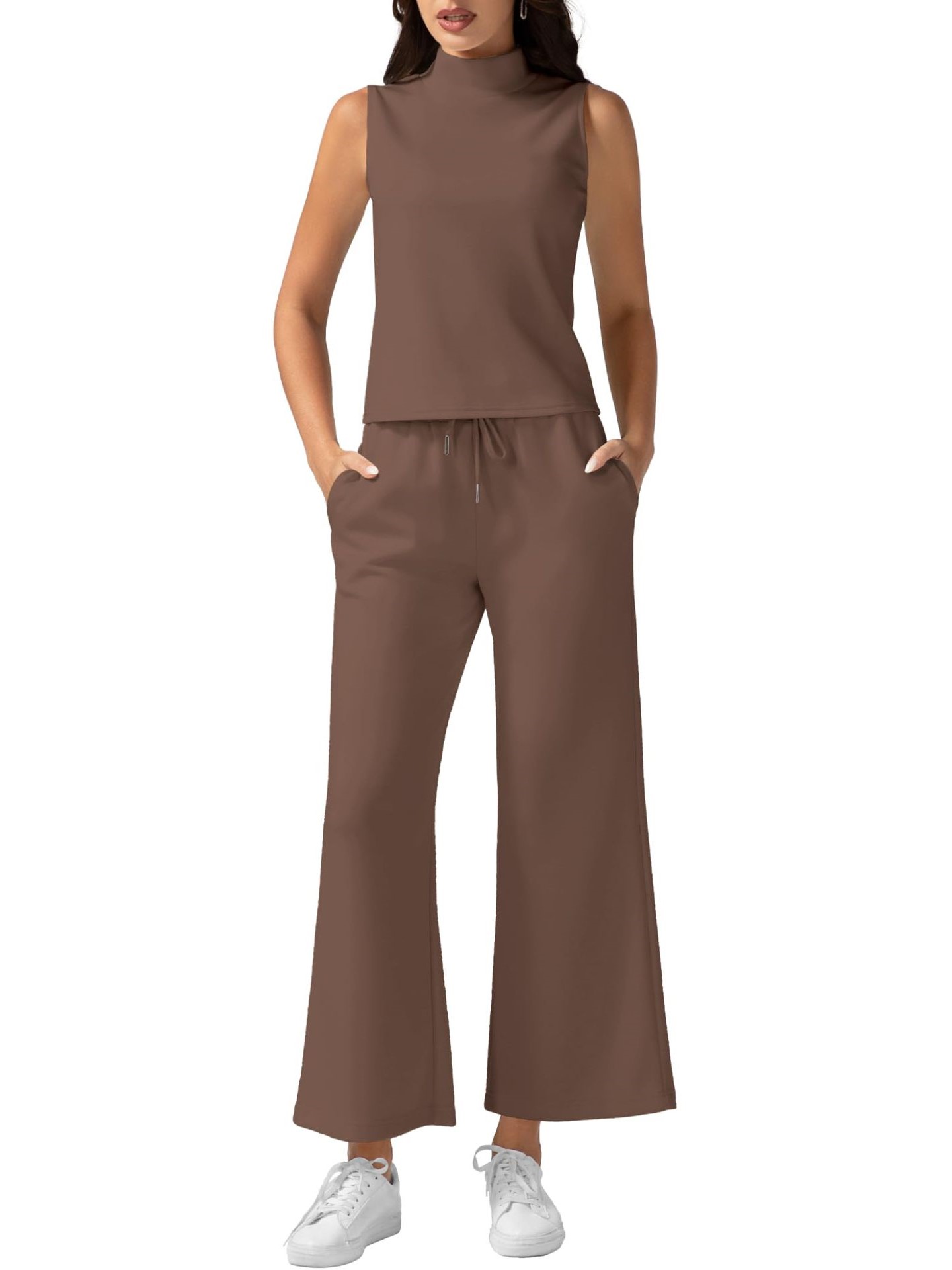 Women's Mock Neck Sleeveless Tank Top & Wide Leg Pants 2 Piece Lounge Sets