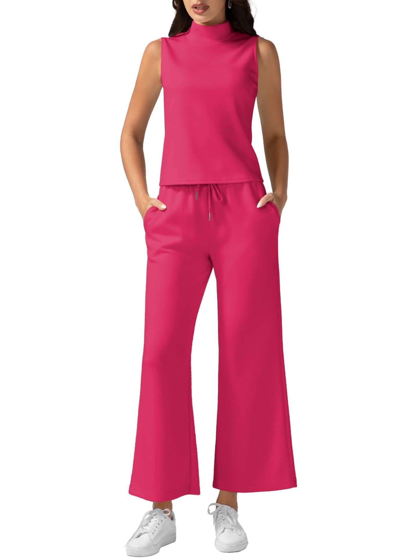 Women's Mock Neck Sleeveless Tank Top & Wide Leg Pants 2 Piece Lounge Sets