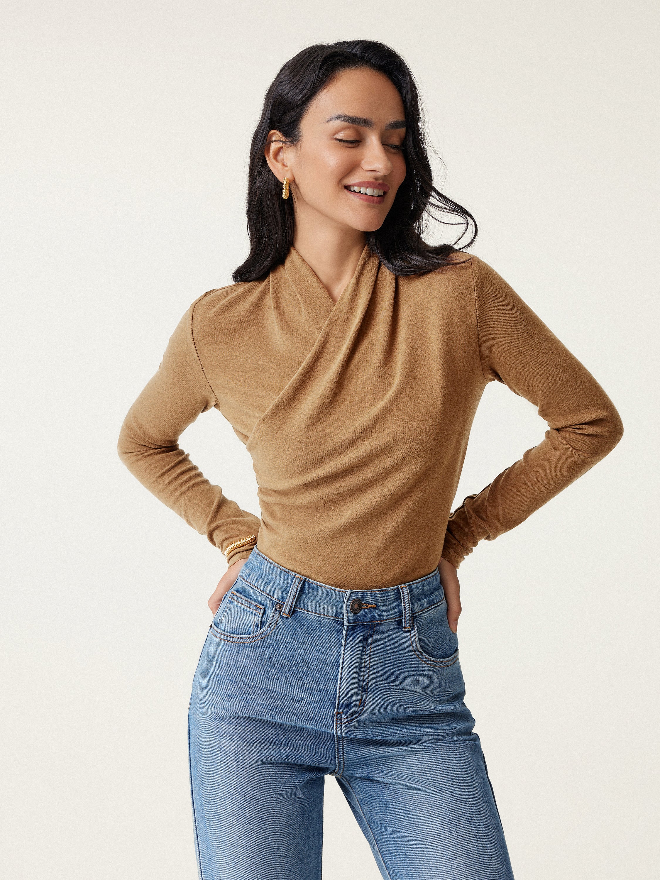 Womens Slim Fitted Deep V Neck Cross Wrap Top Long Sleeve T-Shirts
