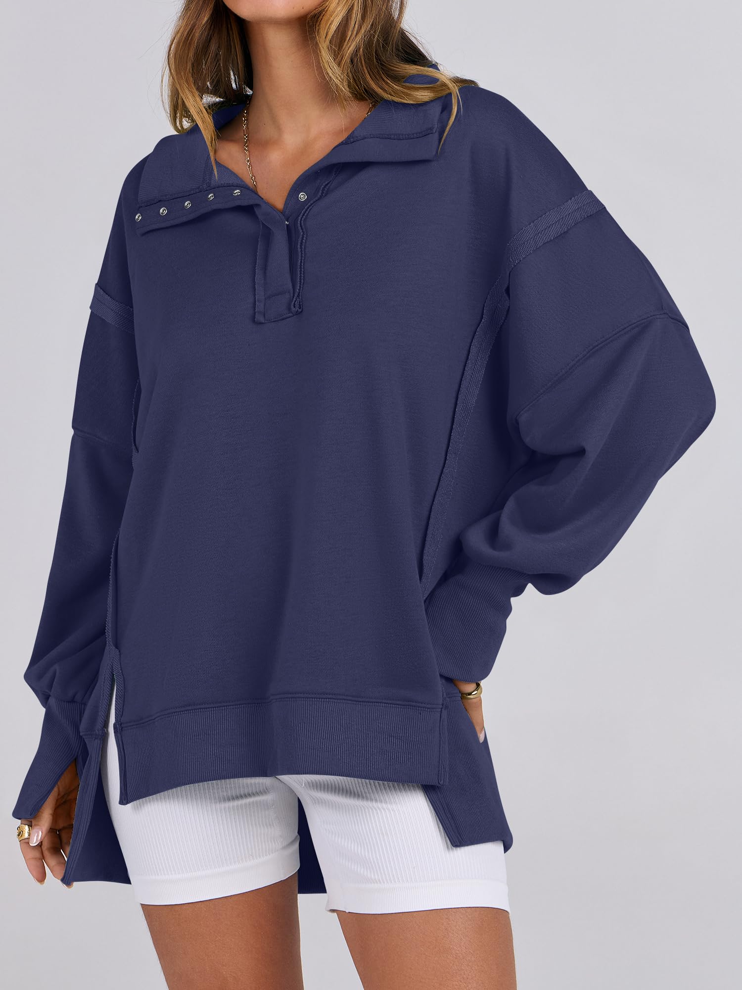 Womens Oversized V Neck Button Up Henley Pullover Sweatshirts