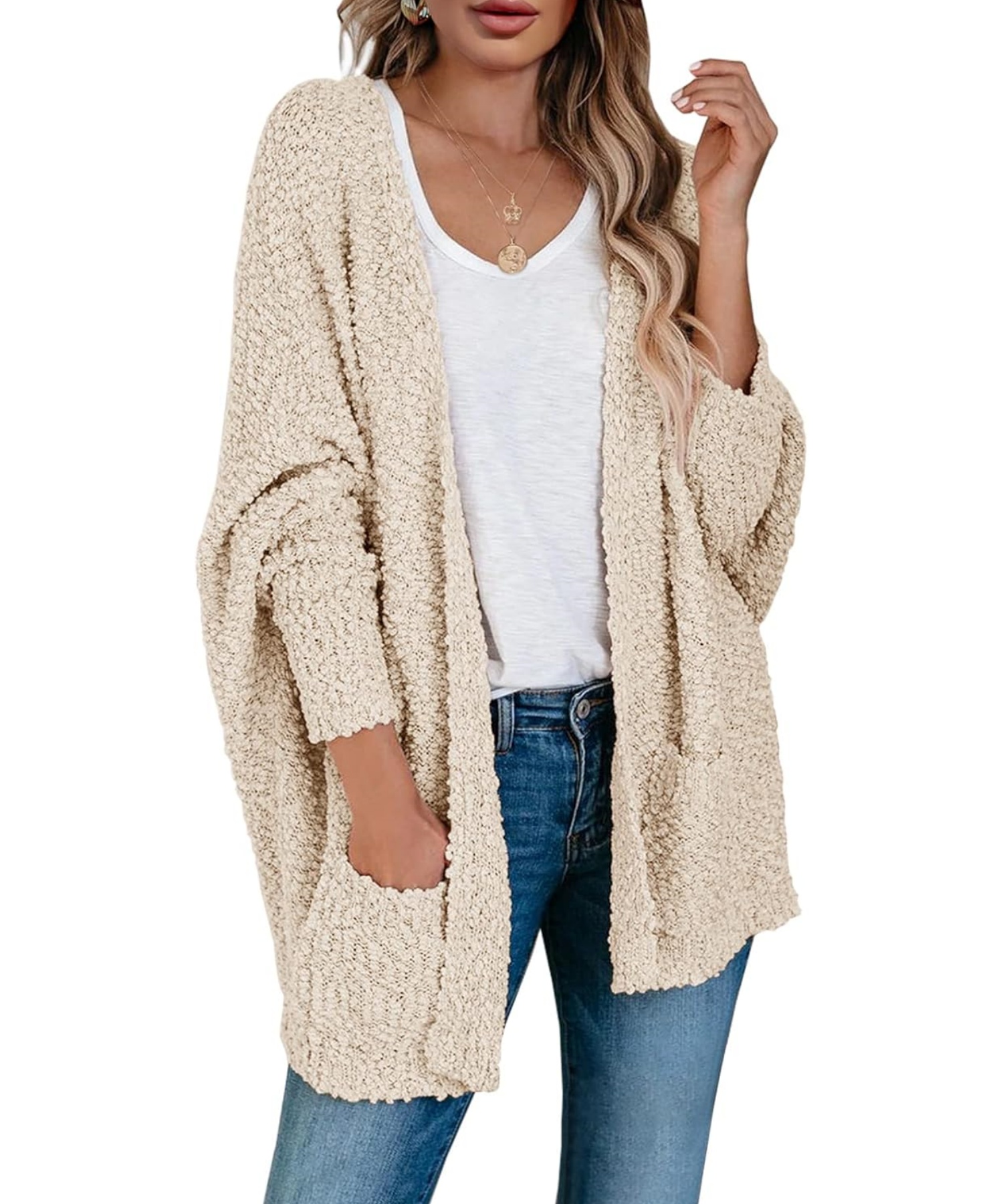 Women's 2024 Fall Winter Popcorn Long Sleeve Open Front Chunky Knit Oversized Cardigan Sweater Coat