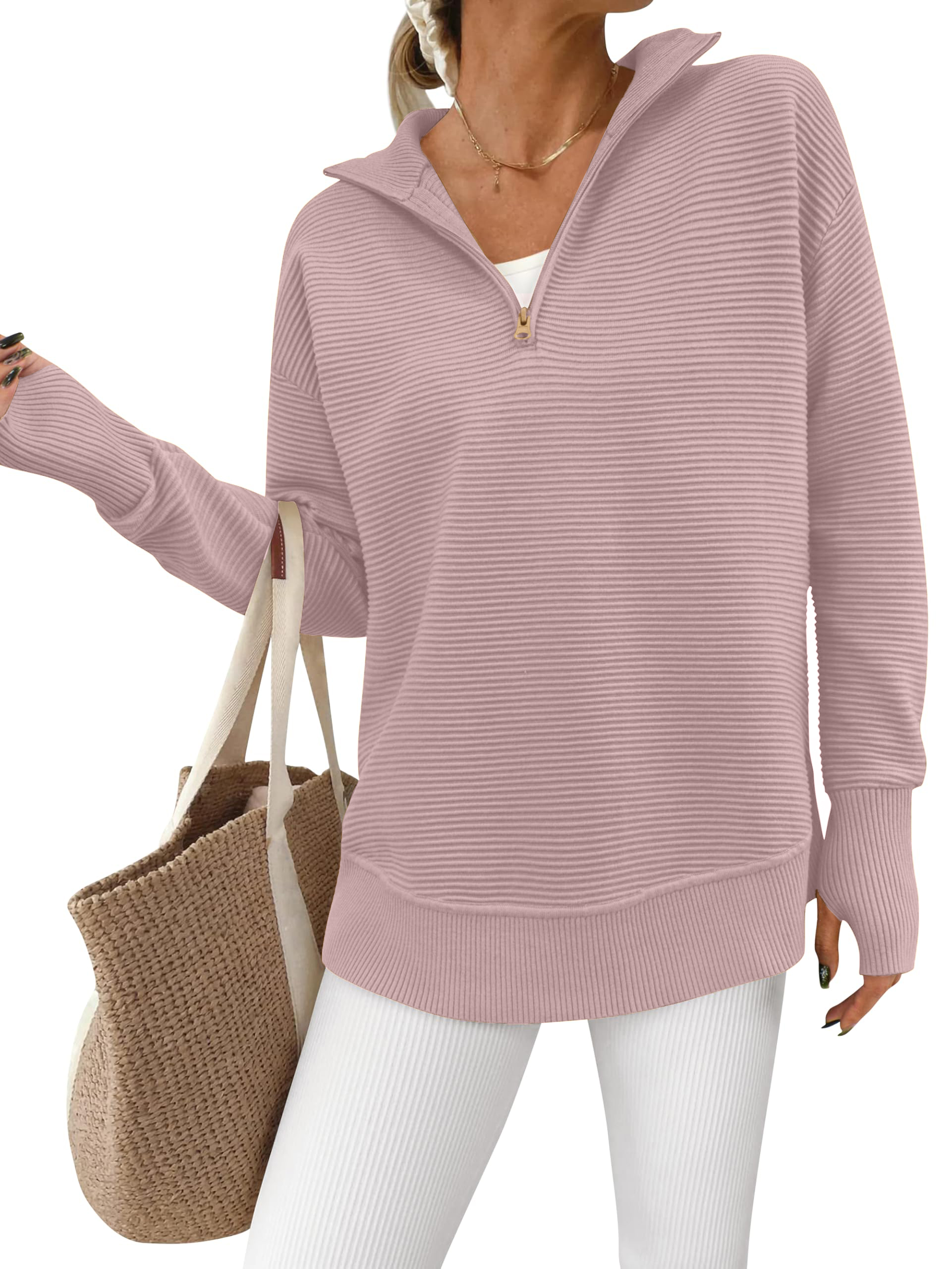 Women's Long Sleeve Quarter Zip Pullover Ribbed Knit Sweater(Buy 2 Free Shipping)