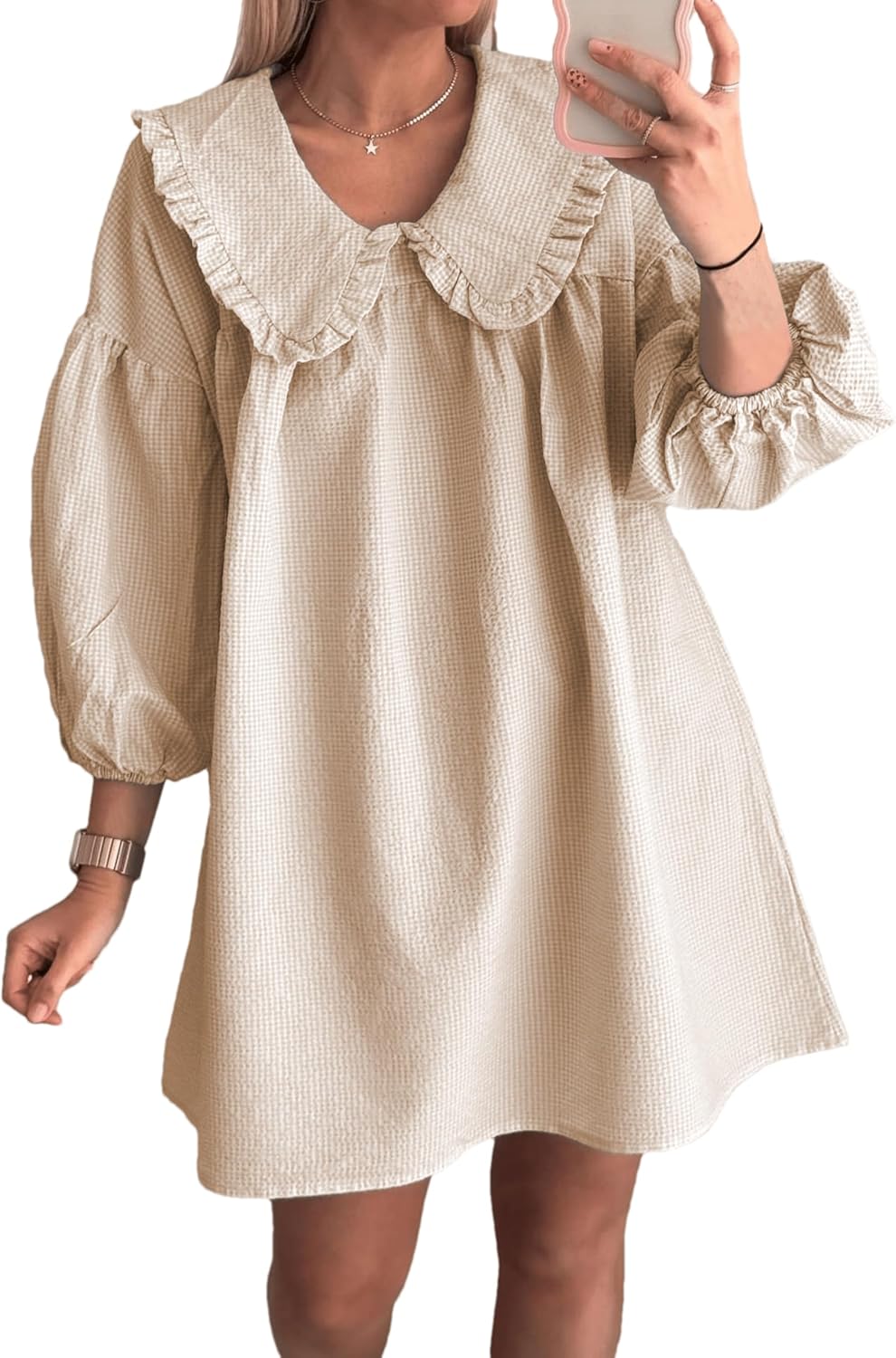 Women's Babydoll 3/4 Puff Sleeve Plaid Mini Dress