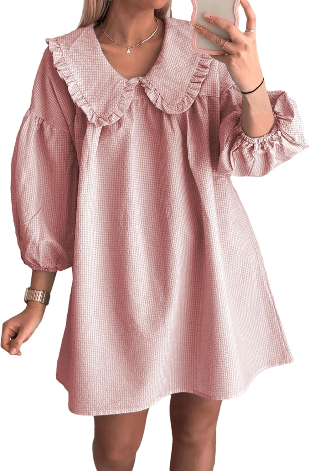 Women's Babydoll 3/4 Puff Sleeve Plaid Mini Dress