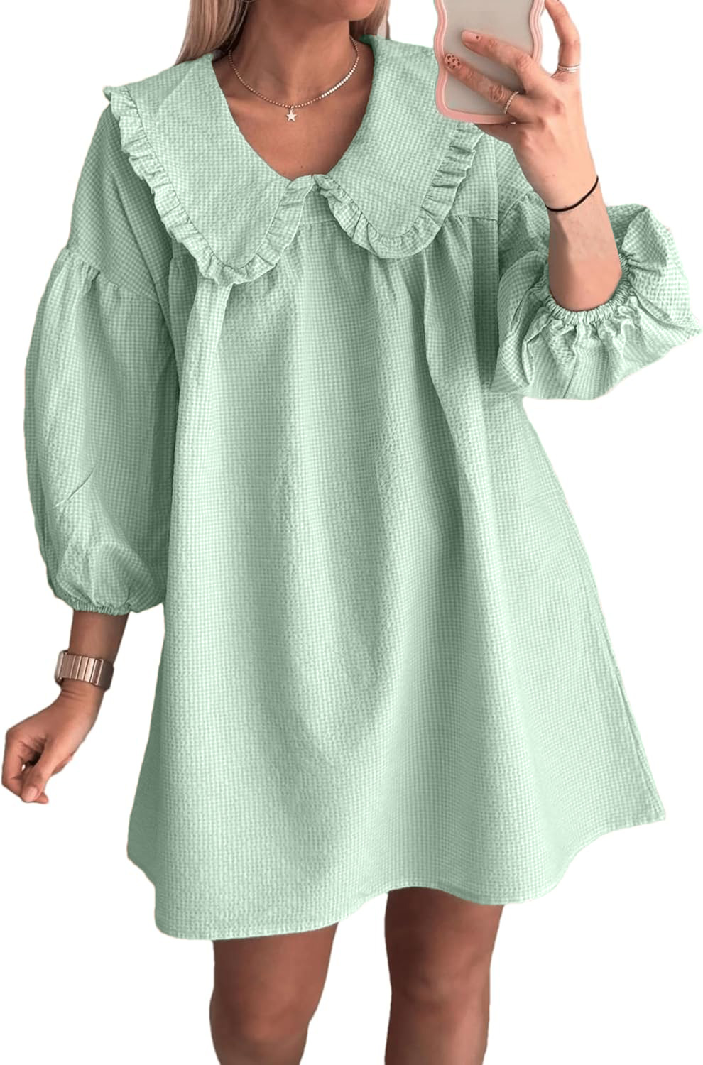 Women's Babydoll 3/4 Puff Sleeve Plaid Mini Dress