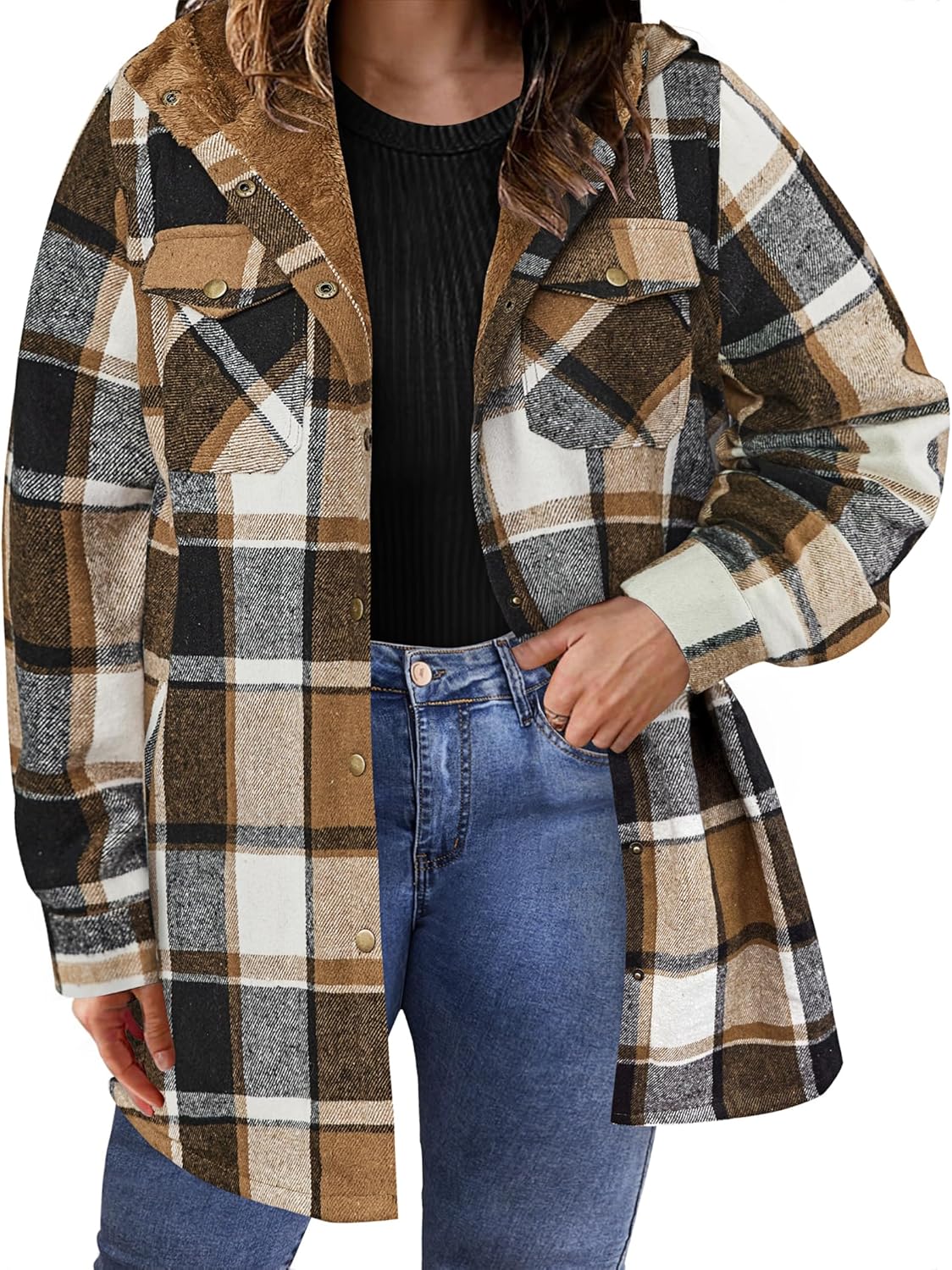 HOT SALE Women's Plaid Long Sleeve Button Fleece Hooded Jacket