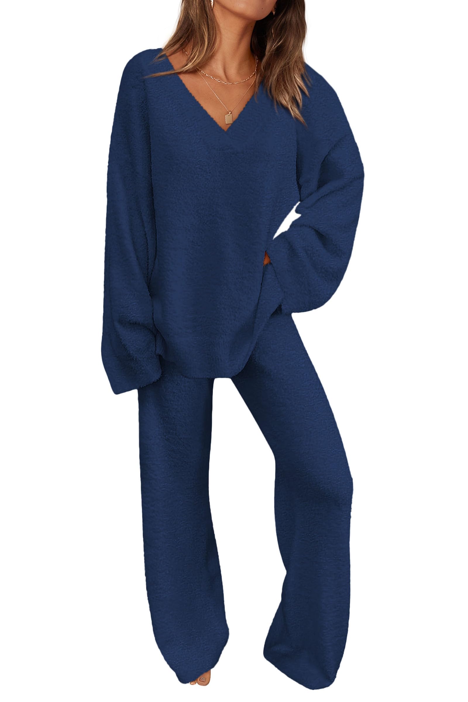 HOT SALE Women's 2 Piece Oversized V Neck Pullover Sweater Fuzzy Lounge Set