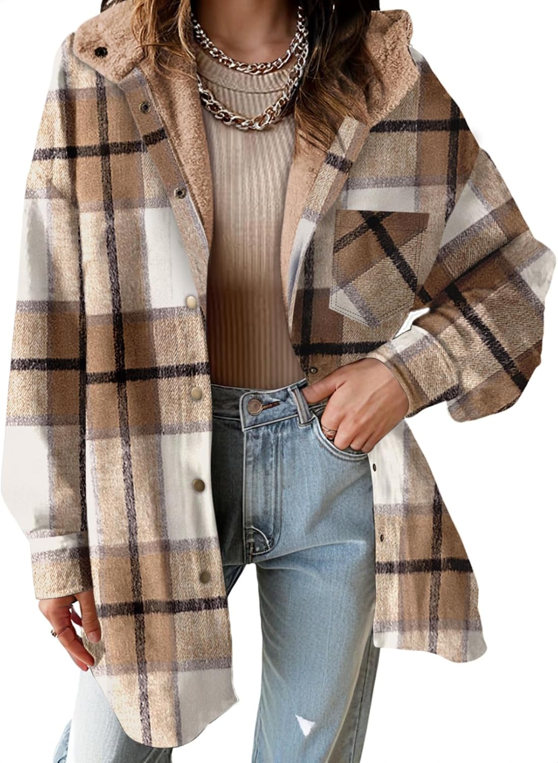 Women's Flannel Hooded Plaid Shacket Thick Coat Fuzzy Fleece Jacket(BUY 2 FREE SHIPPING)