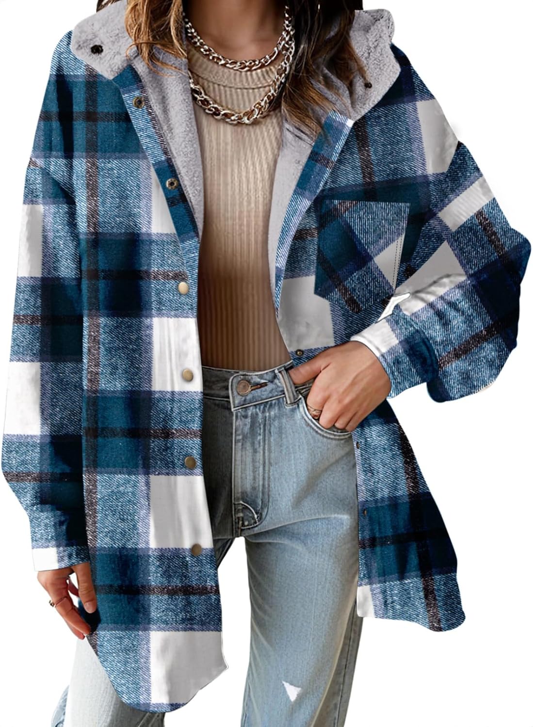 Women's Flannel Hooded Plaid Shacket Thick Coat Fuzzy Fleece Jacket(BUY 2 FREE SHIPPING)