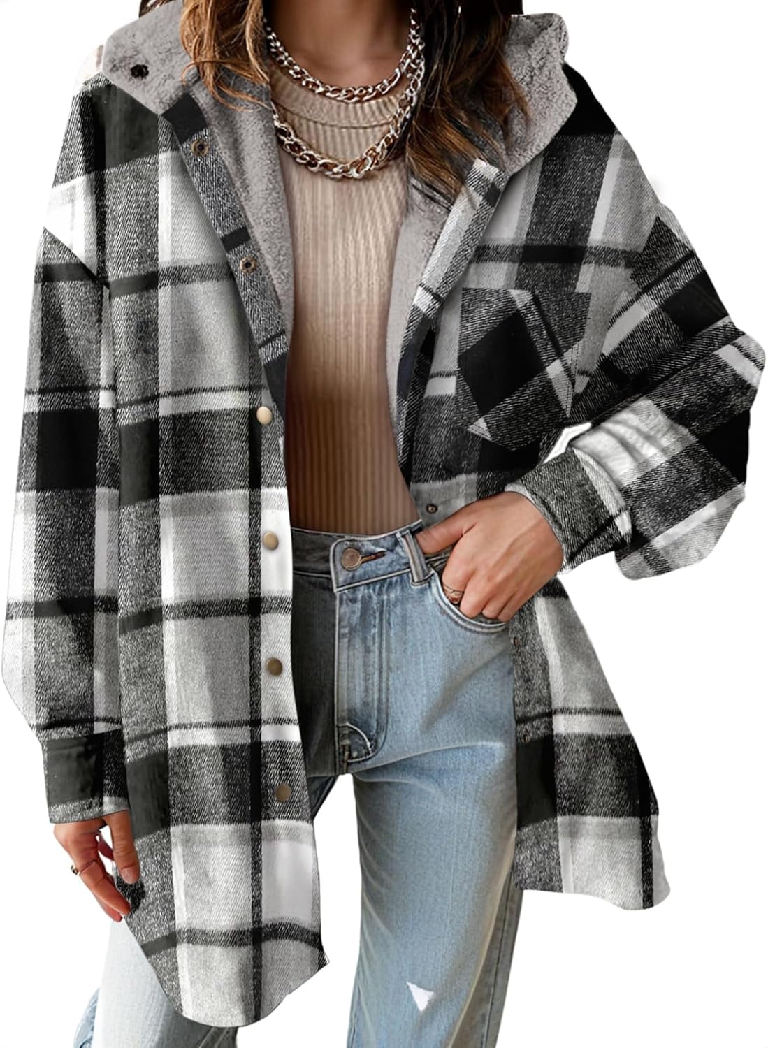 Women's Flannel Hooded Plaid Shacket Thick Coat Fuzzy Fleece Jacket(BUY 2 FREE SHIPPING)