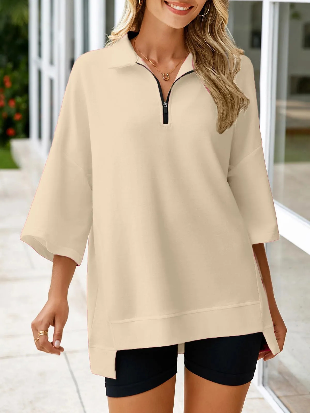 ✨Women's Oversized 3/4 Sleeve Zippered V Neck High Low Hem Pullover (Buy 2 Free Shipping)