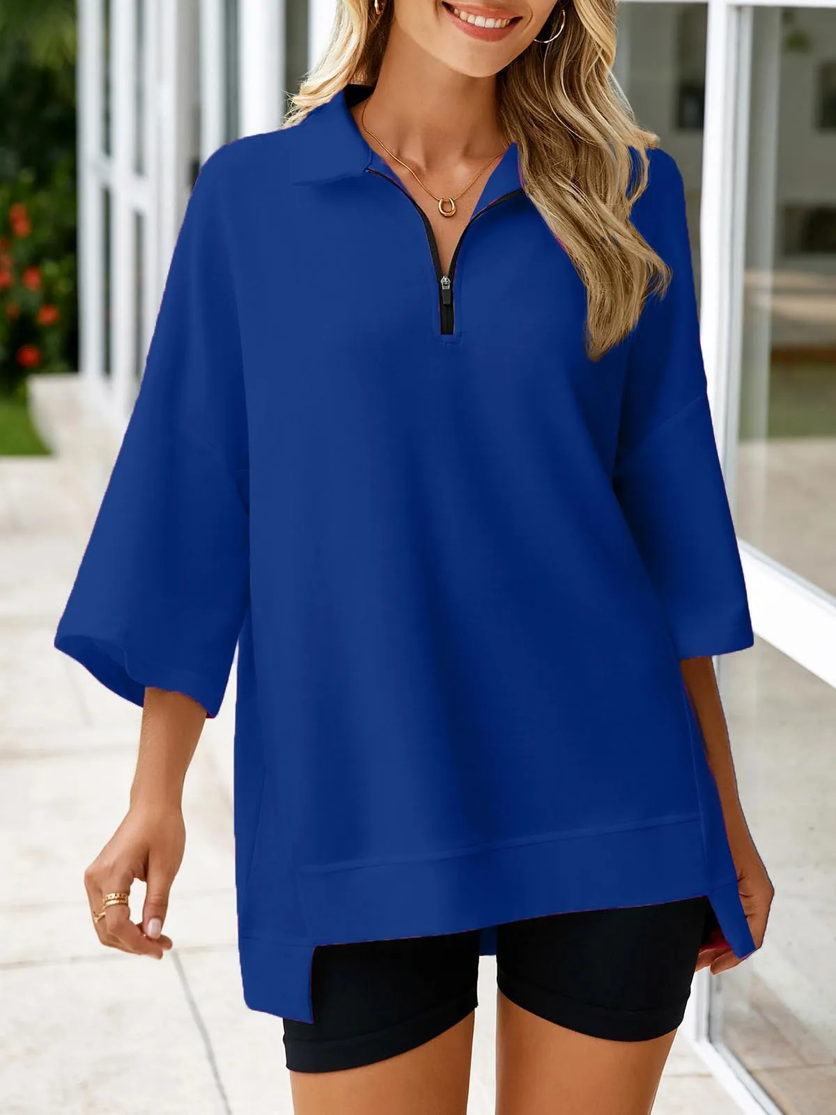 ✨Women's Oversized 3/4 Sleeve Zippered V Neck High Low Hem Pullover (Buy 2 Free Shipping)