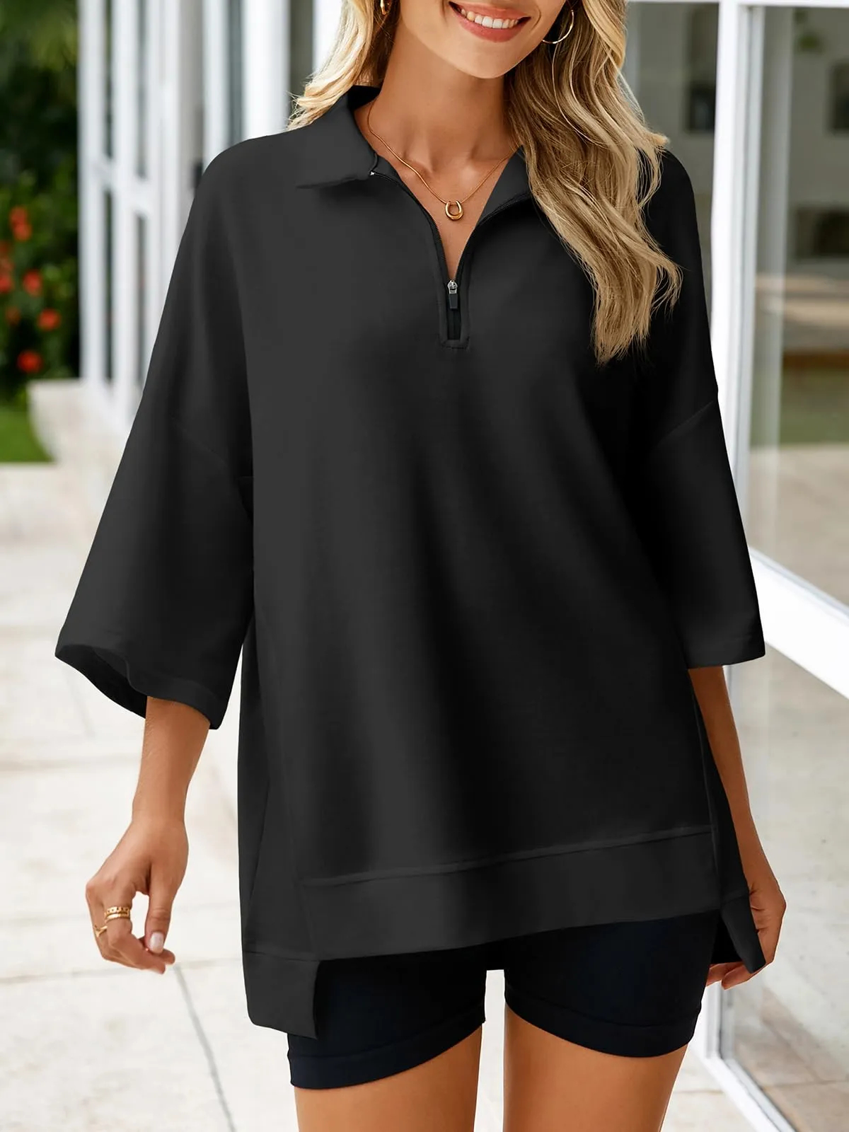 ✨Women's Oversized 3/4 Sleeve Zippered V Neck High Low Hem Pullover (Buy 2 Free Shipping)