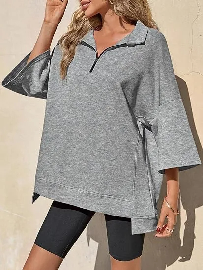 ✨Women's Oversized 3/4 Sleeve Zippered V Neck High Low Hem Pullover (Buy 2 Free Shipping)