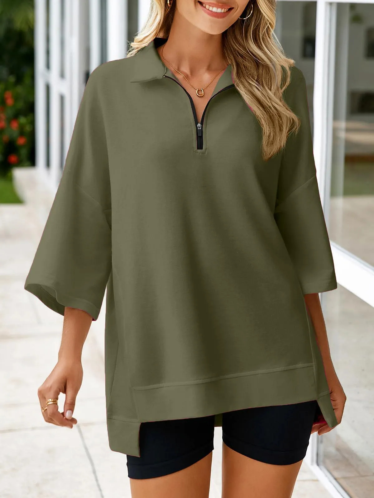 ✨Women's Oversized 3/4 Sleeve Zippered V Neck High Low Hem Pullover (Buy 2 Free Shipping)