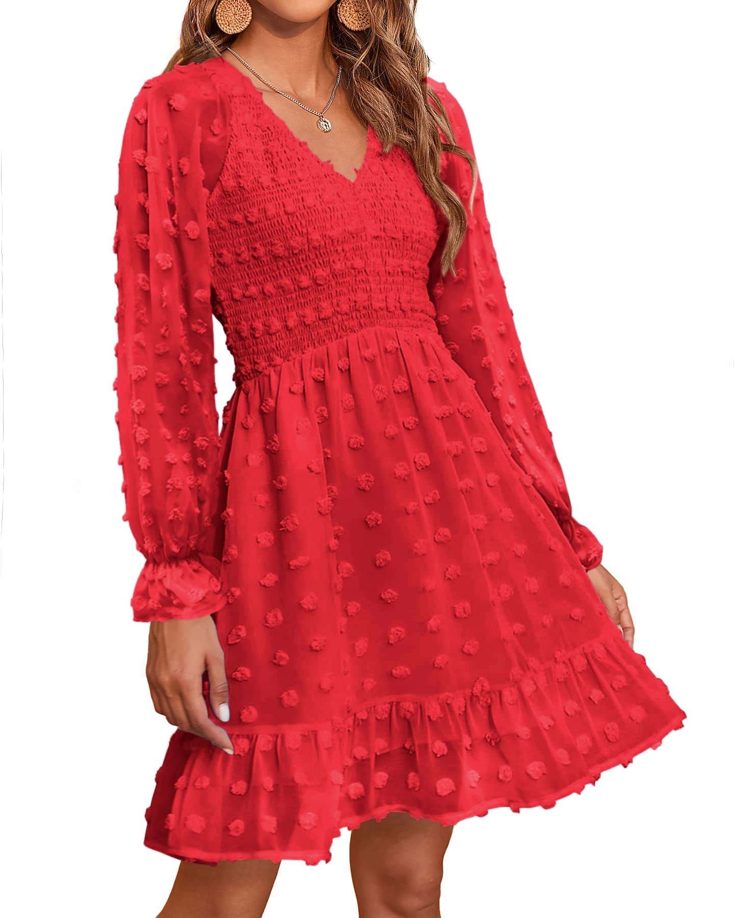 2025 Womens V Neck Casual Smocked Swiss Dot Swing Ruffle Mini Dress(Buy 2 Free Shipping)