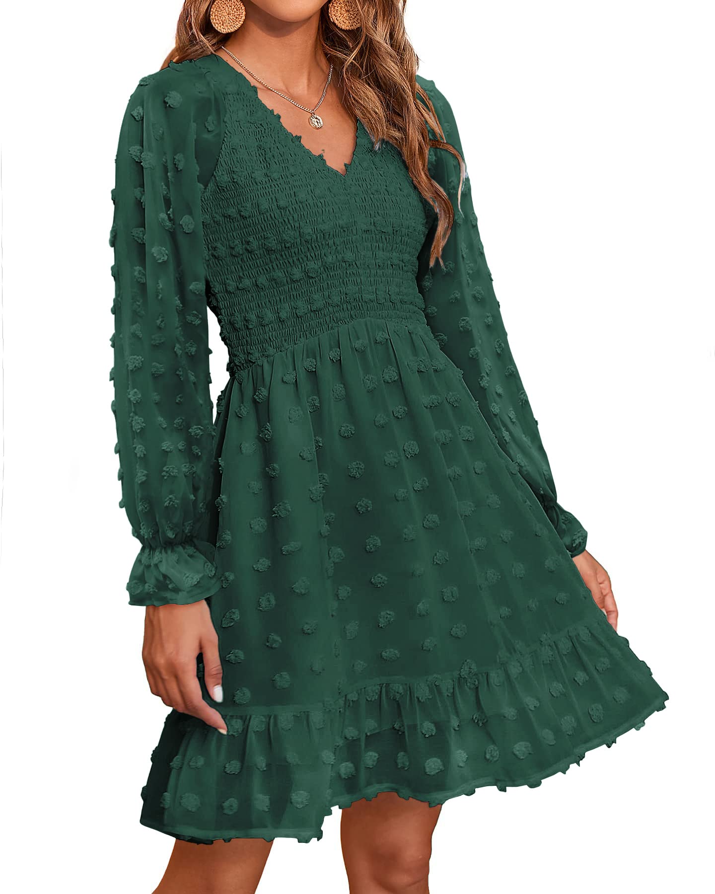 2025 Womens V Neck Casual Smocked Swiss Dot Swing Ruffle Mini Dress(Buy 2 Free Shipping)
