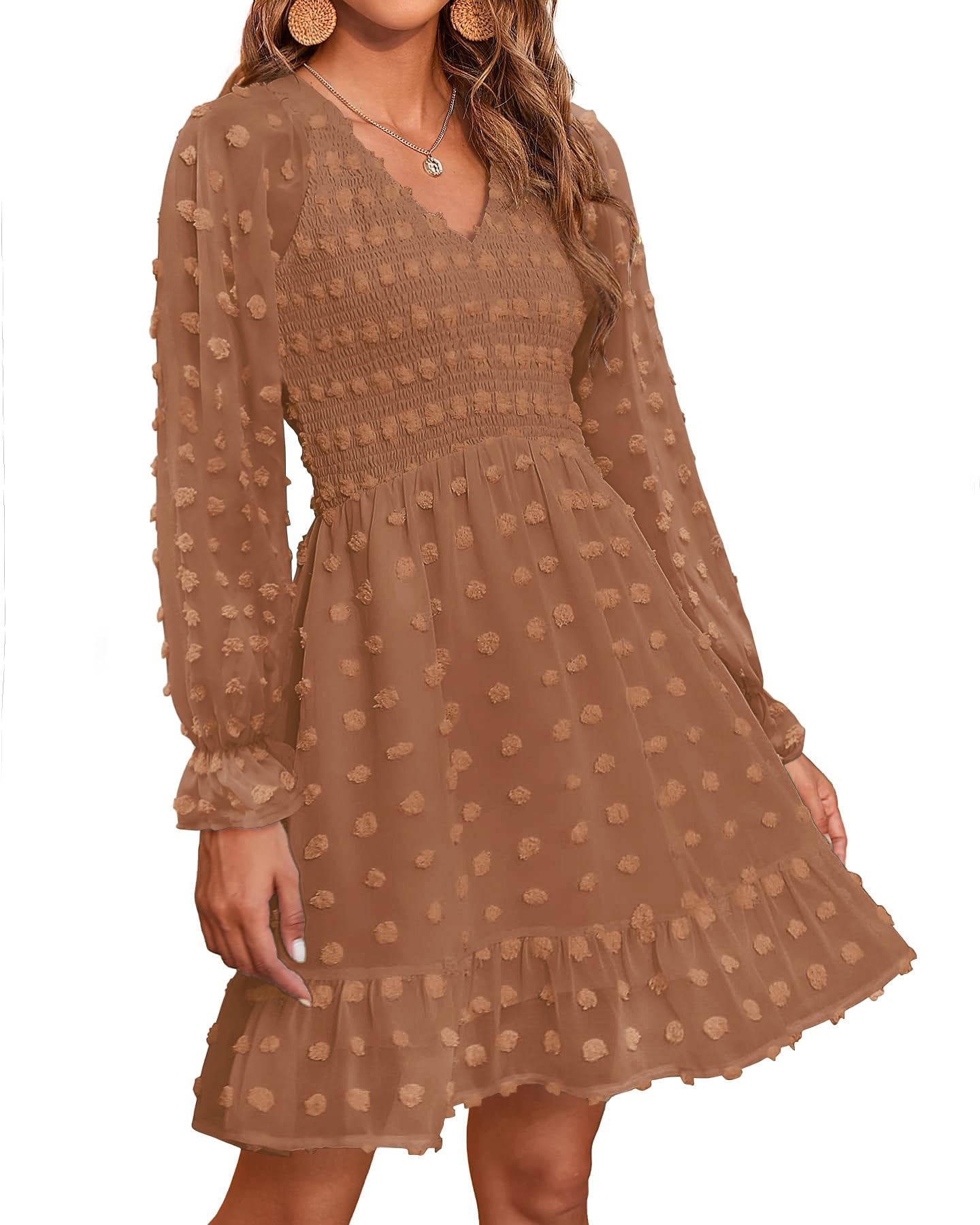 2025 Womens V Neck Casual Smocked Swiss Dot Swing Ruffle Mini Dress(Buy 2 Free Shipping)
