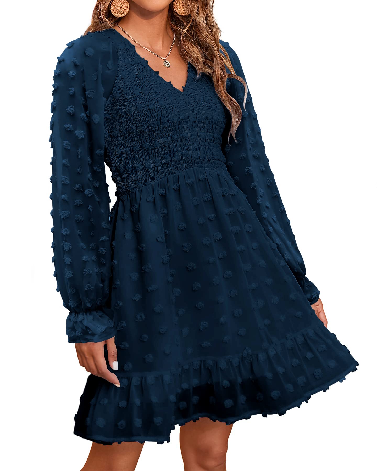 2025 Womens V Neck Casual Smocked Swiss Dot Swing Ruffle Mini Dress(Buy 2 Free Shipping)